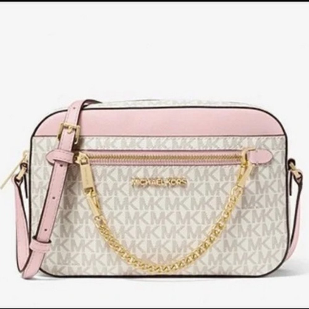 Michael Kors Jet Set Item Large East West Zip Chain Crossbody Powder Blush Multi - Picture 11 of 16